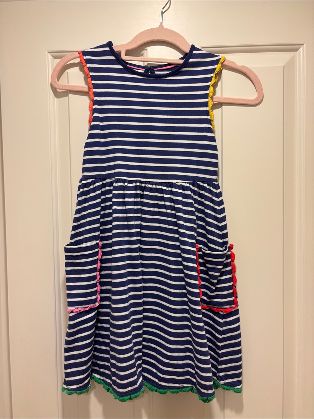 Mini Boden Navy and White Striped Dress with Multicolor Trim